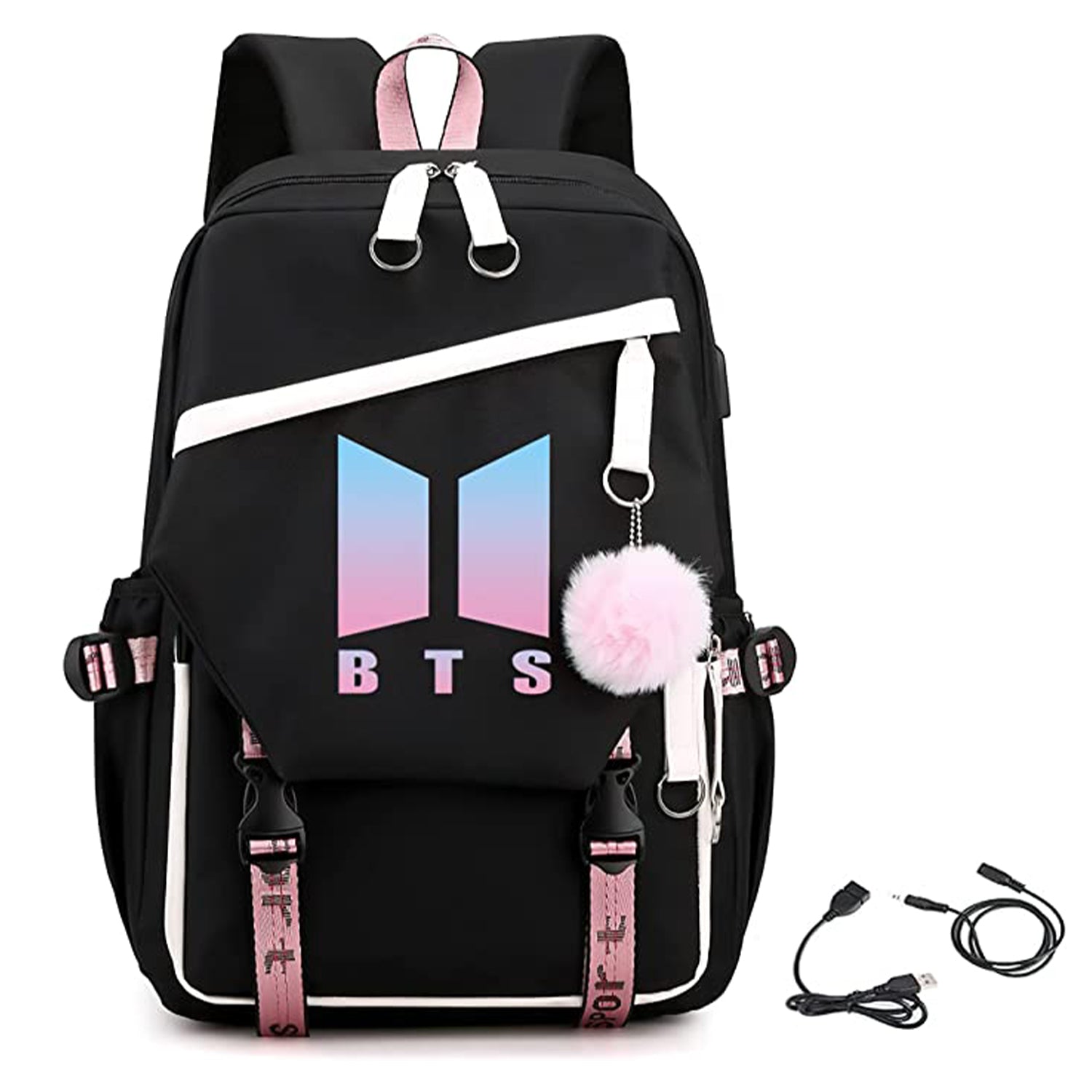 Kpop BTS Mochila con cable de audio USB puerto de carga coreano